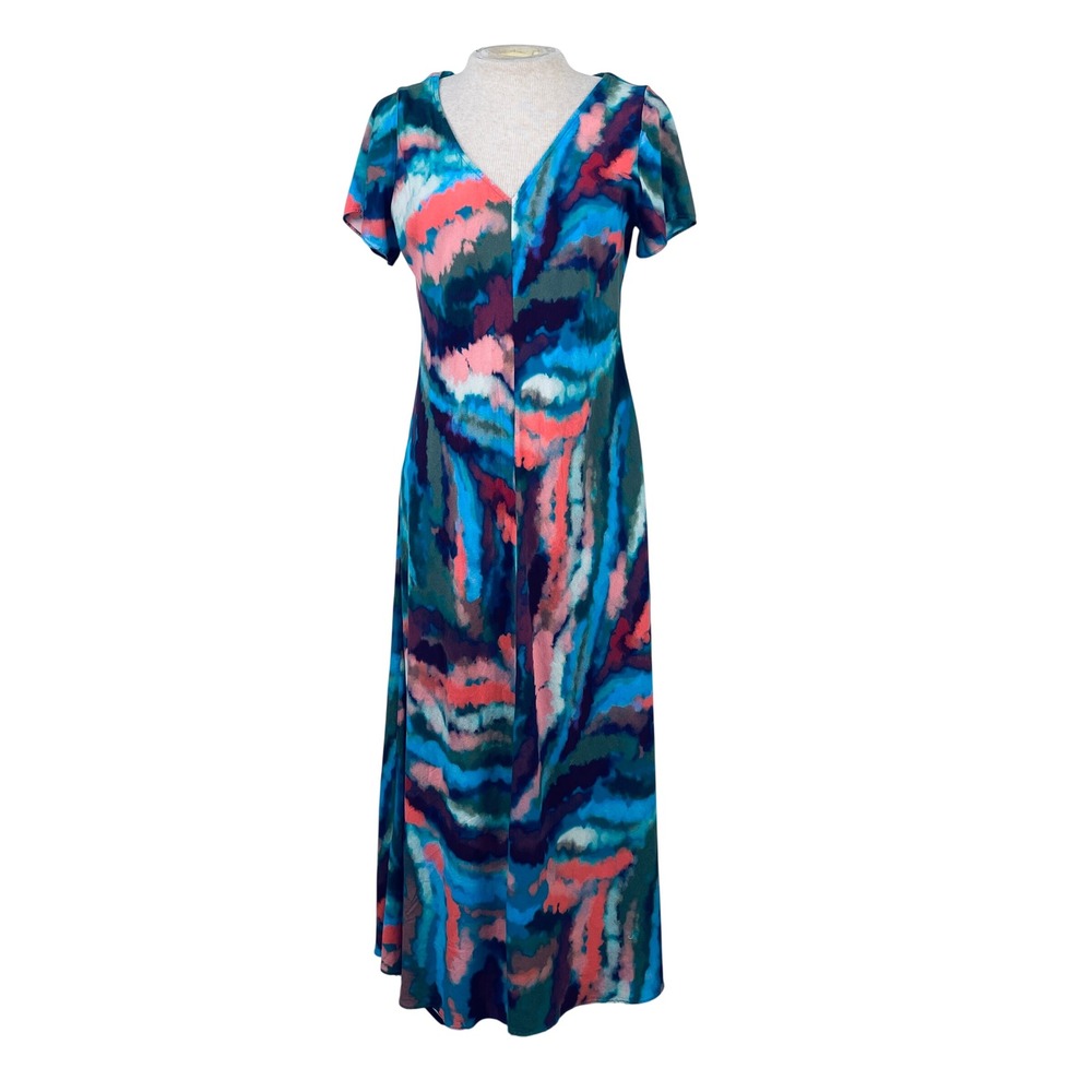 Soft Surroundings Womens Watercolor Abstract Maxi Dress Blue Pink Rayon M